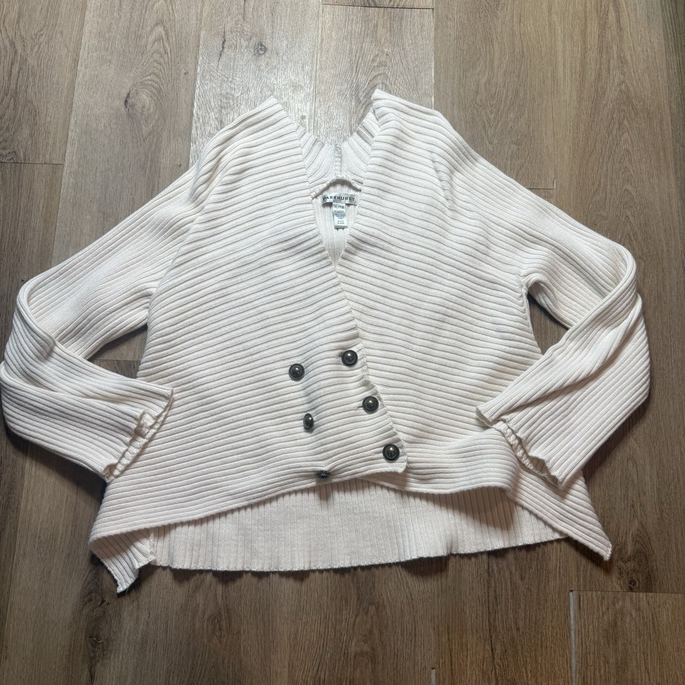 Parkhurst Sweater Womens XL White Solid 100% Cotton Canada V Neck‎ Double Button
